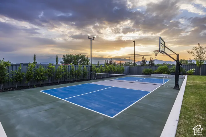 Multi-sport court featuring a pickleball setup with a net, basketball hoop, and perimeter lighting