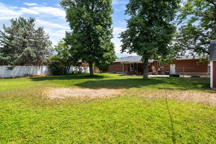 Expansive backyard featuring mature trees and a privacy fence