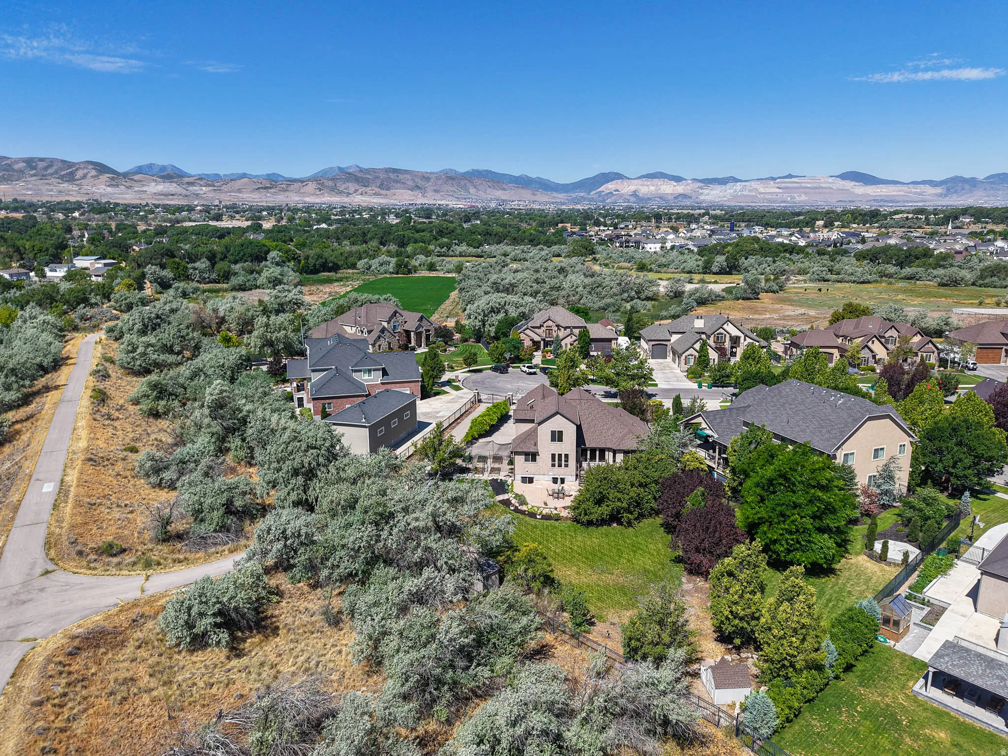 Expansive neighborhood featuring varied architectural styles and mature trees, set against a backdrop of distant mountains