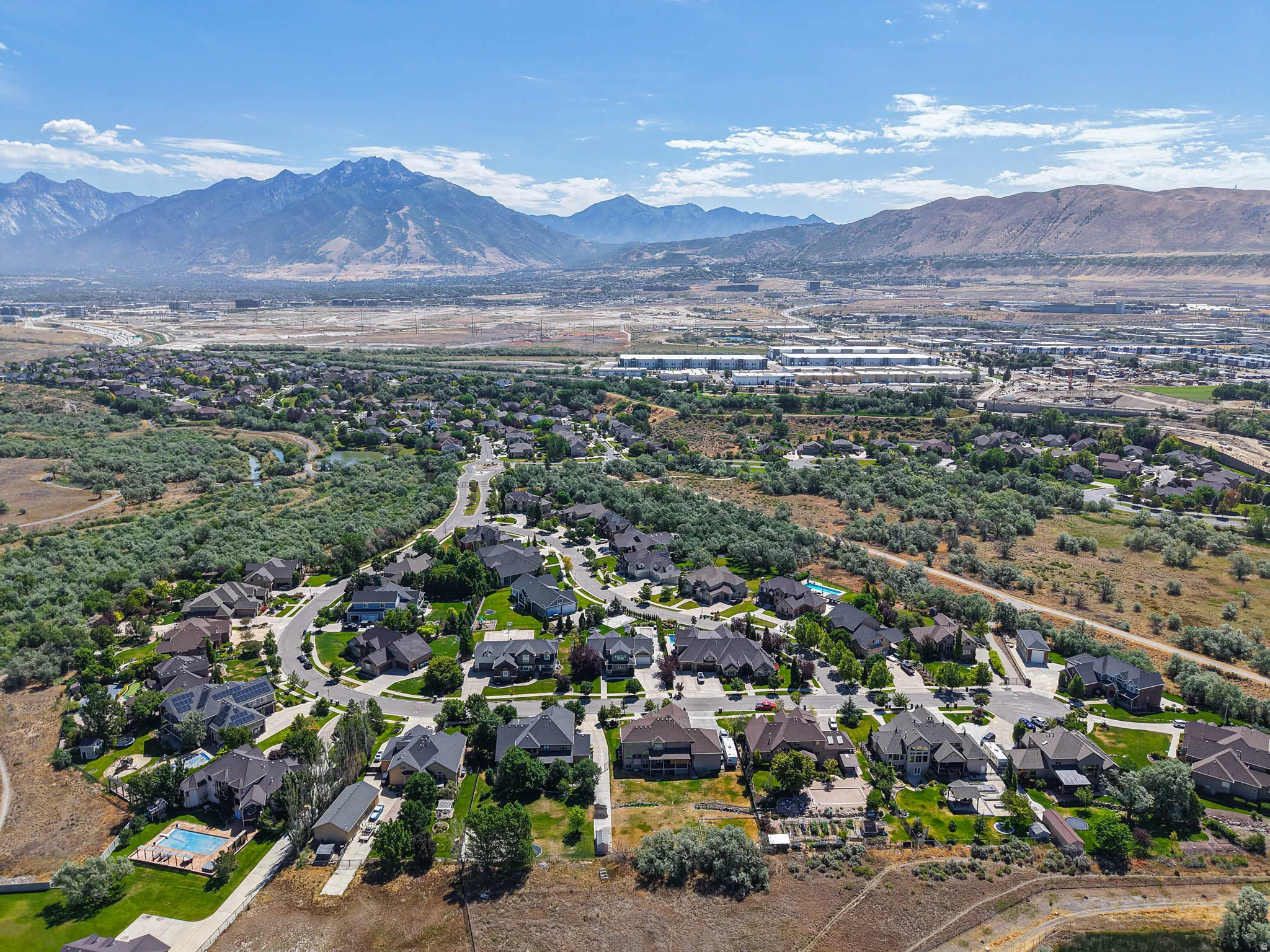 Aerial perspective showcasing a residential community with varied architectural styles