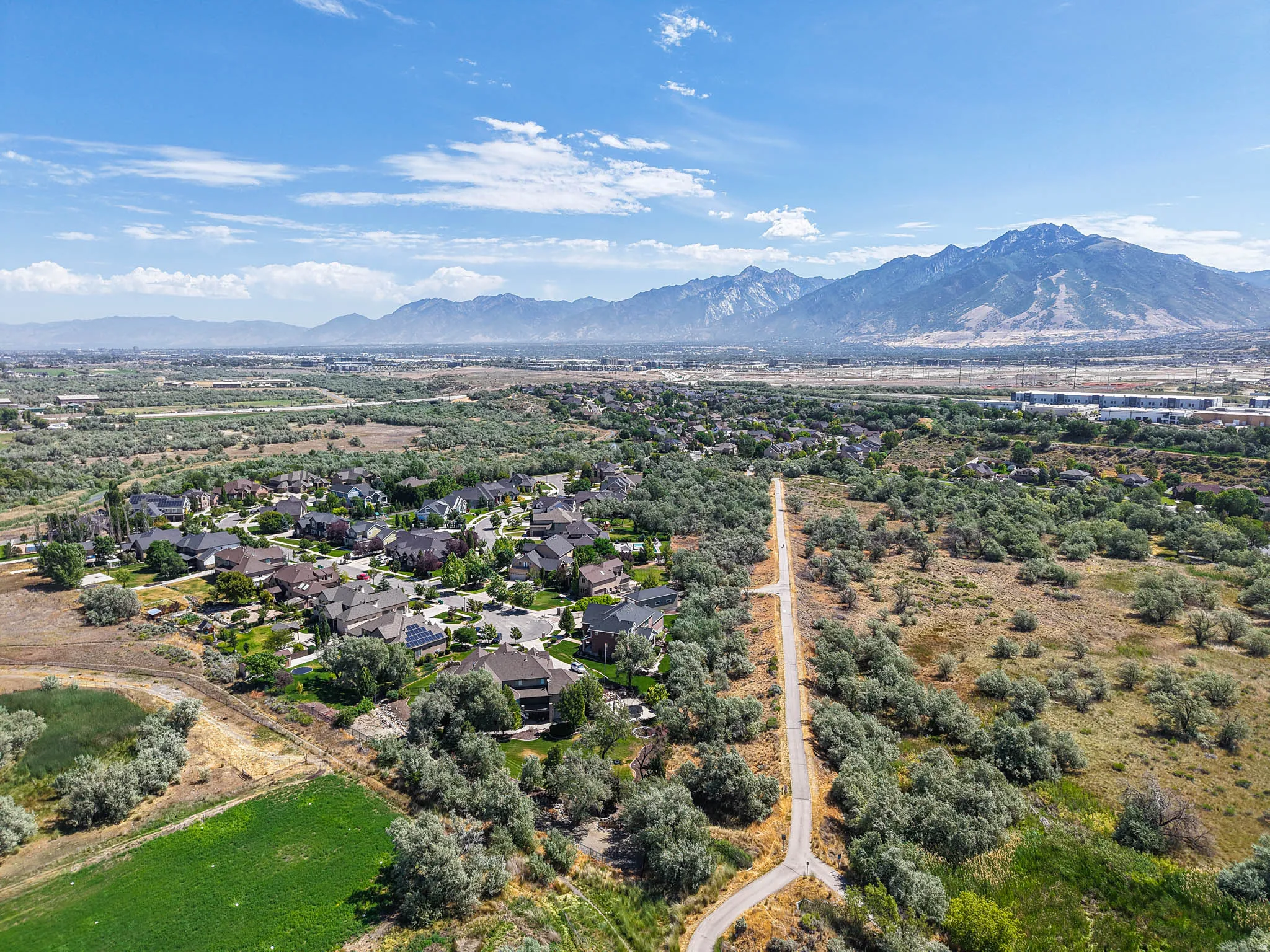 Aerial perspective showcasing a residential community amidst extensive natural landscaping