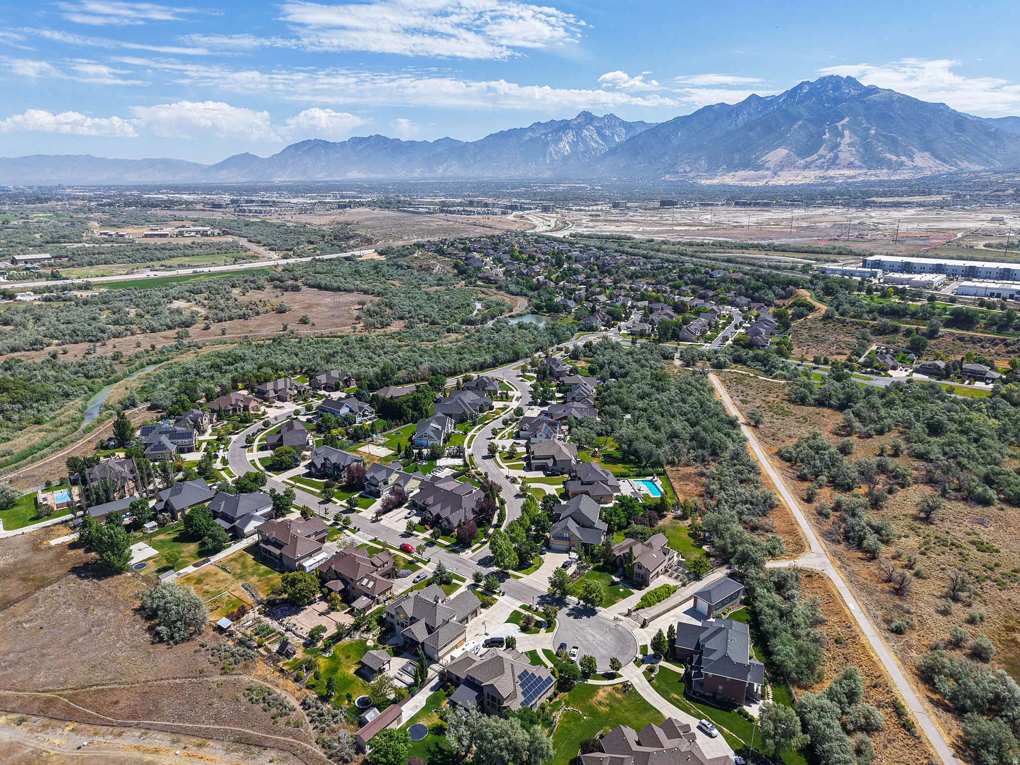 Expansive residential community with varied architectural styles, curvilinear streets, and mature landscaping