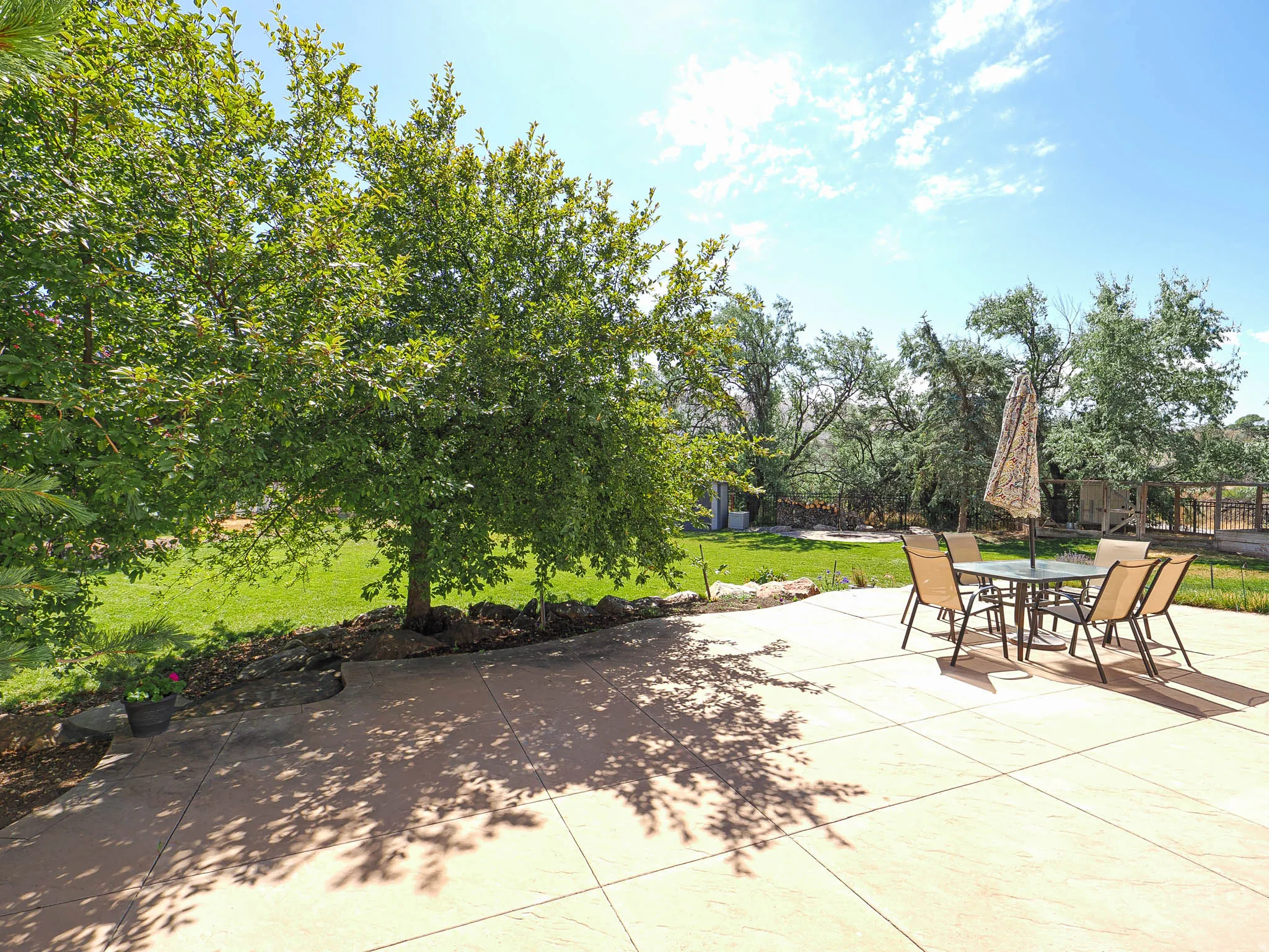 Expansive outdoor patio featuring large square-cut concrete pavers, surrounded by mature trees and verdant green lawn