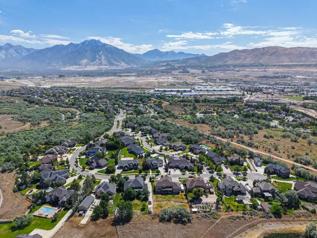 Aerial perspective showcasing a residential community with varied architectural styles