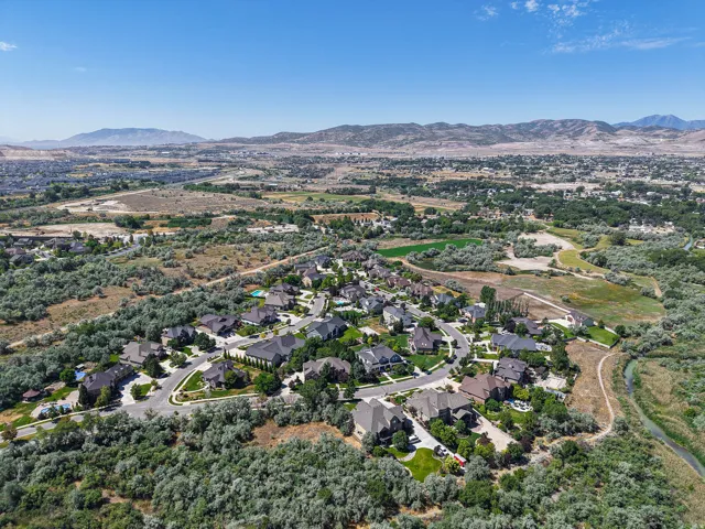 Aerial perspective showcasing a residential community with mature trees and a winding river