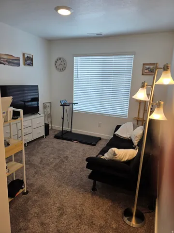 Carpeted room featuring a window with blinds, white walls, and a ceiling-mounted light fixture