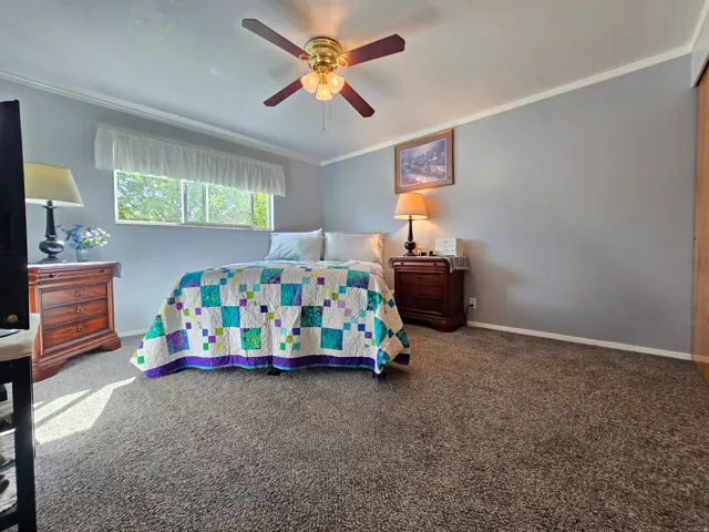 Spacious room featuring broadloom carpet, a multi-pane window, and a ceiling fan with integrated lighting