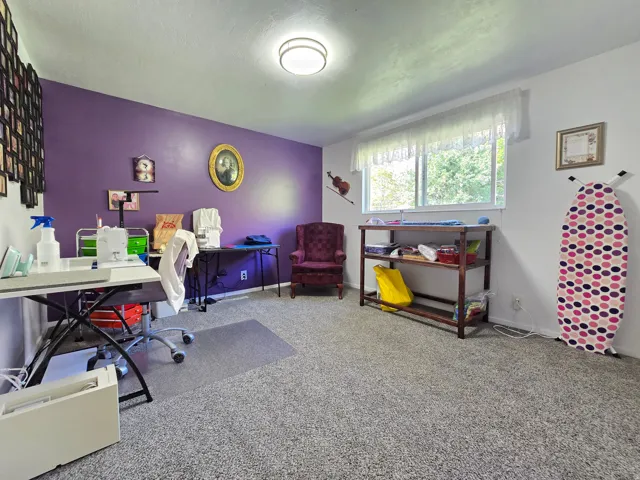 Spacious room featuring broadloom carpeting, a ceiling-mounted light fixture, and a large window