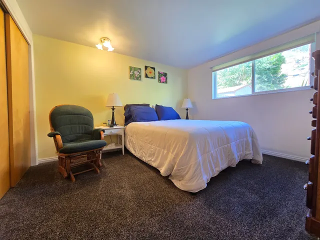 Bright bedroom featuring a large window, dark carpet flooring, light yellow walls, a built-in closet with bifold doors, and an overhead flush-mount light fixture