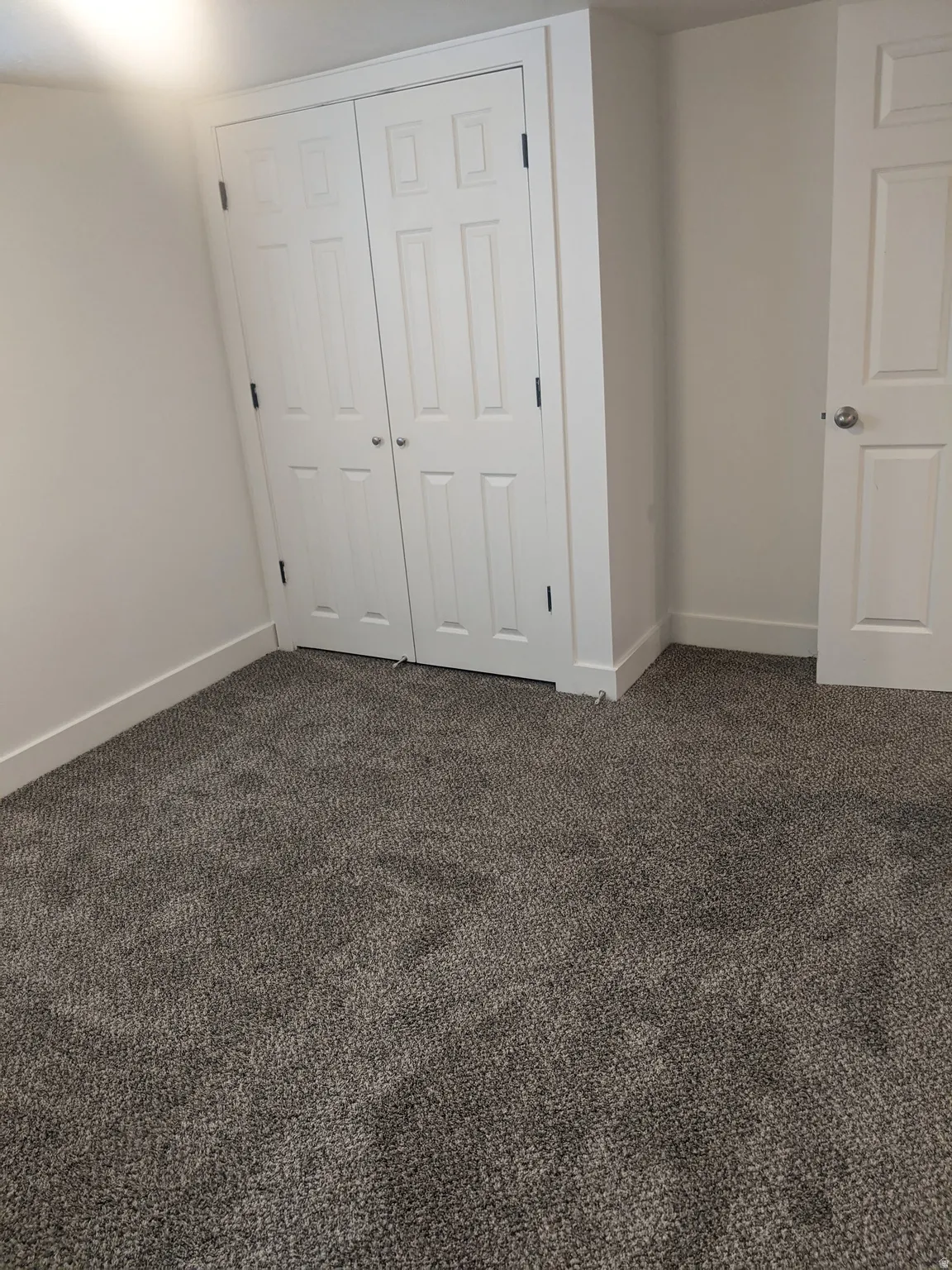 Grey-toned carpeted flooring with white baseboards, featuring a bi-fold closet with panel doors and a white painted interior door