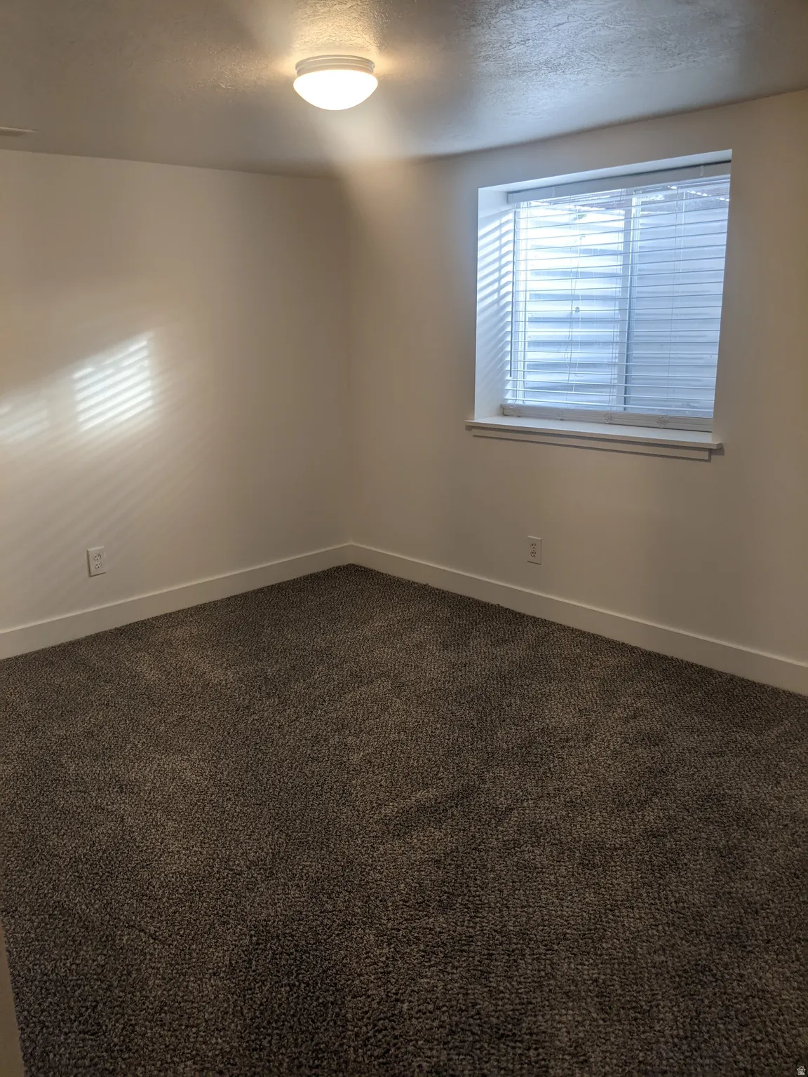 Carpeted room with a flush-mount ceiling light fixture, white walls, and white baseboards