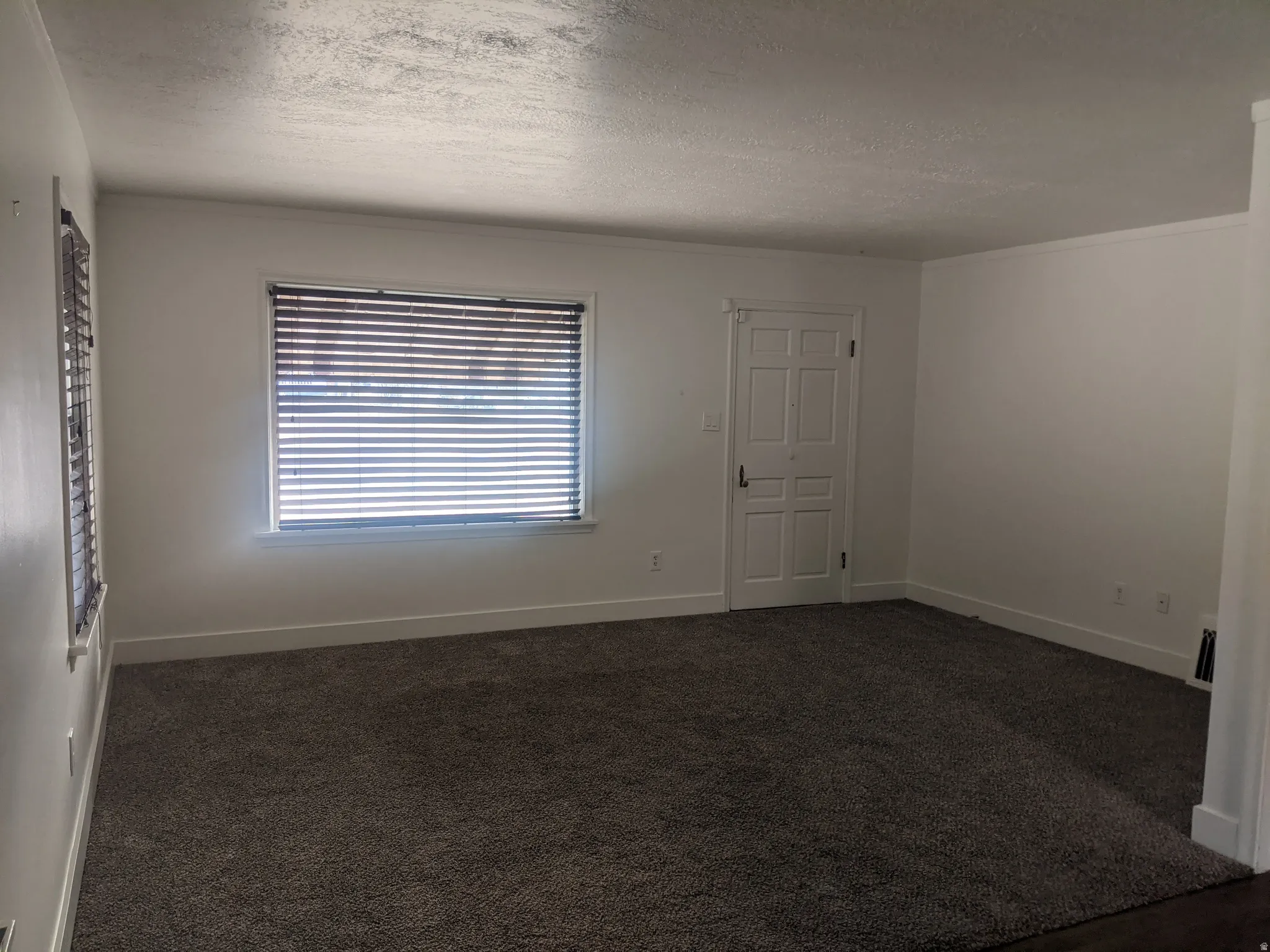 Spacious room featuring neutral carpeting, white walls, and bright window with blinds