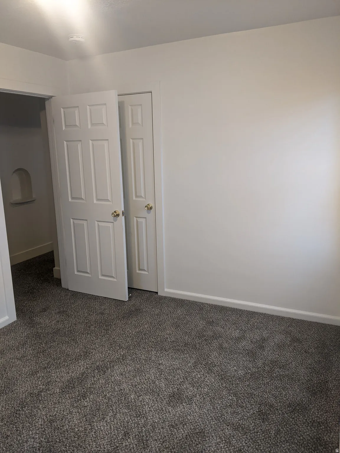 Grey textured carpet, white baseboards, and white walls