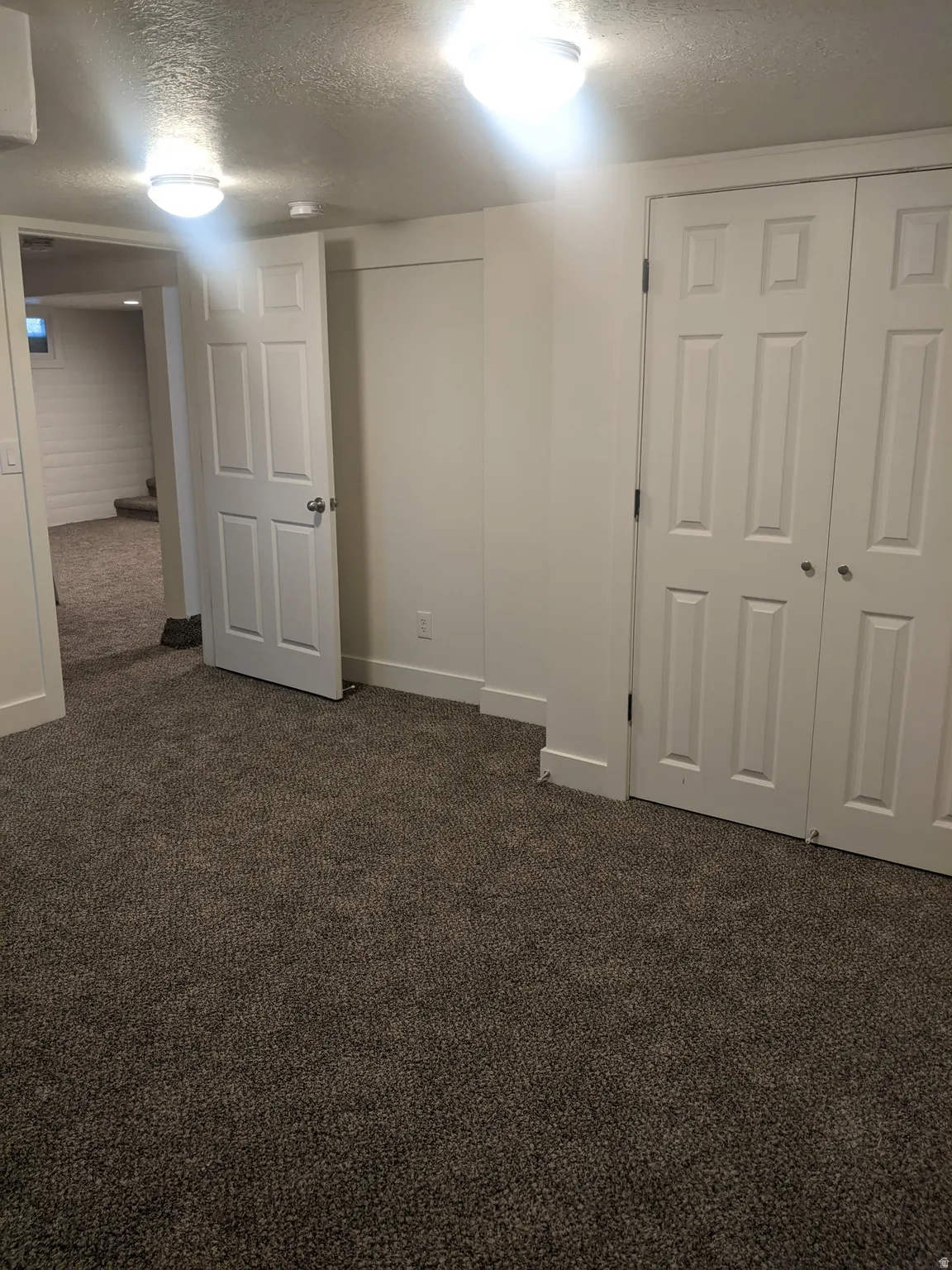 Carpeted room featuring white walls, bright flush-mount lighting, a six-panel interior door, and a bi-fold closet door