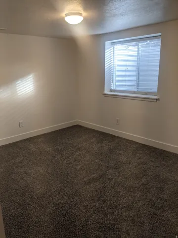 Carpeted room with a flush-mount ceiling light fixture, white walls, and white baseboards