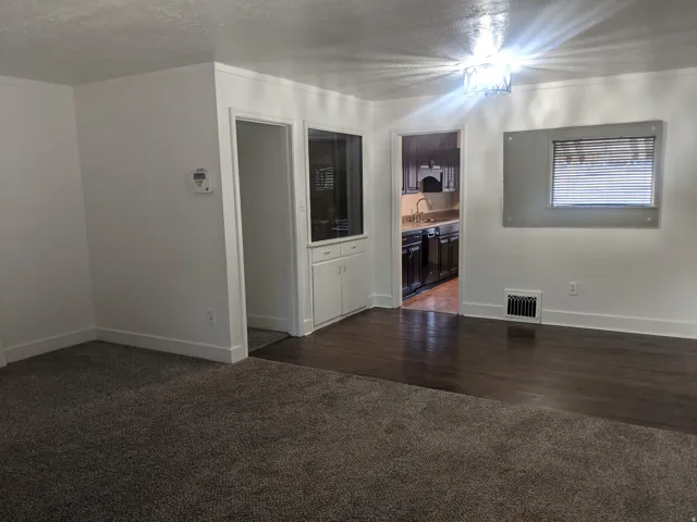 Open-concept living area featuring a blend of dark wood-finish flooring and plush carpeting