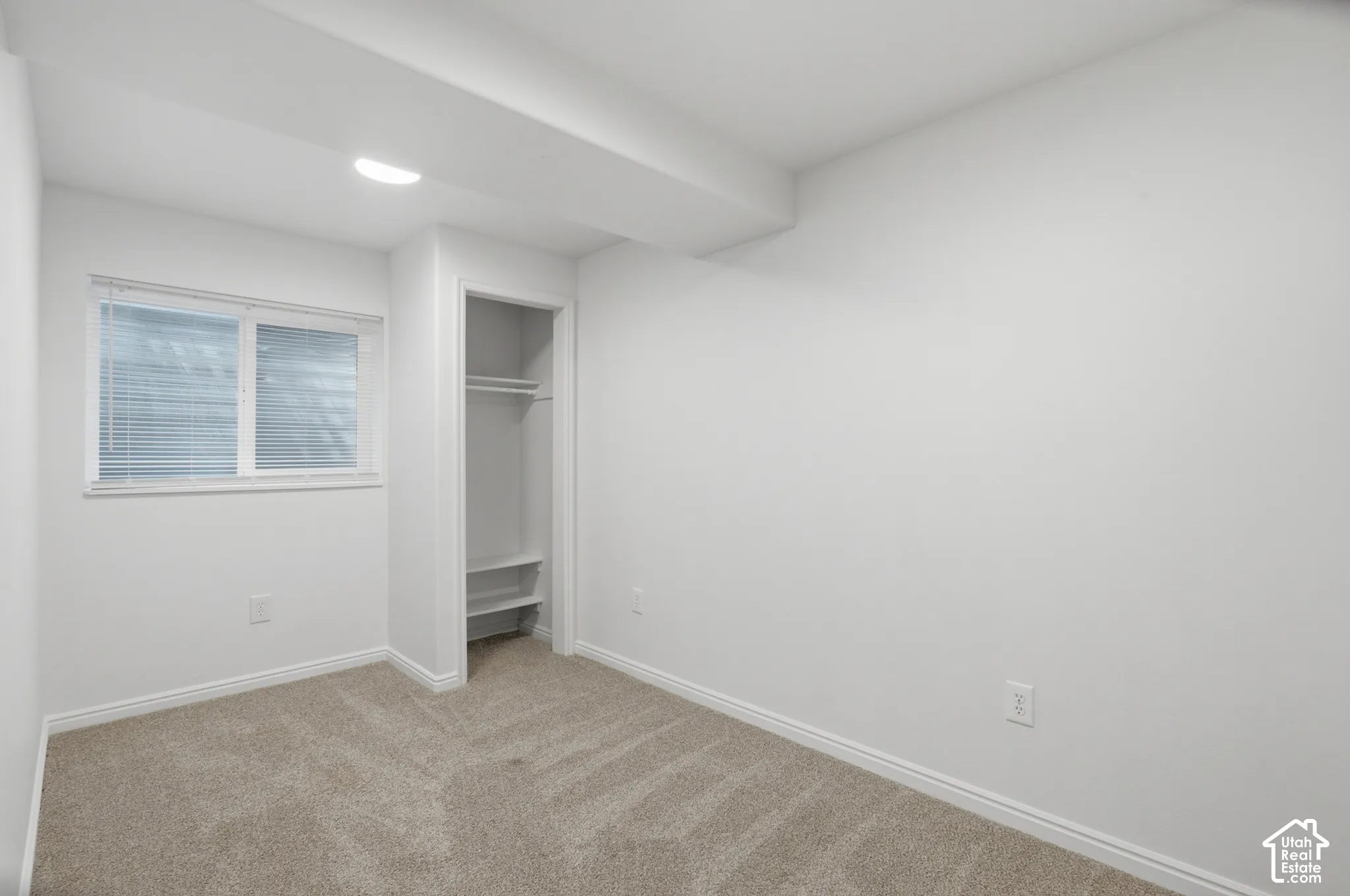 Carpeted room featuring a window with blinds, a closet with shelving and hanging rod, and a flush-mount ceiling light
