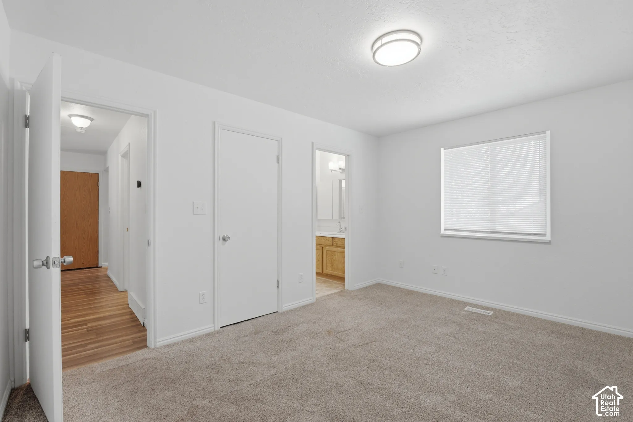 Carpeted room featuring white walls, a flush-mount ceiling light, and a window with blinds
