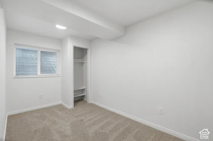 Carpeted room featuring a window with blinds, a closet with shelving and hanging rod, and a flush-mount ceiling light