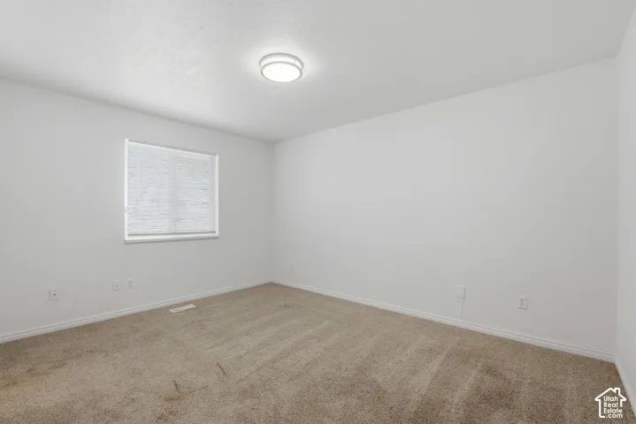 Carpeted room with white walls, a single window with blinds, and a flush-mount ceiling light