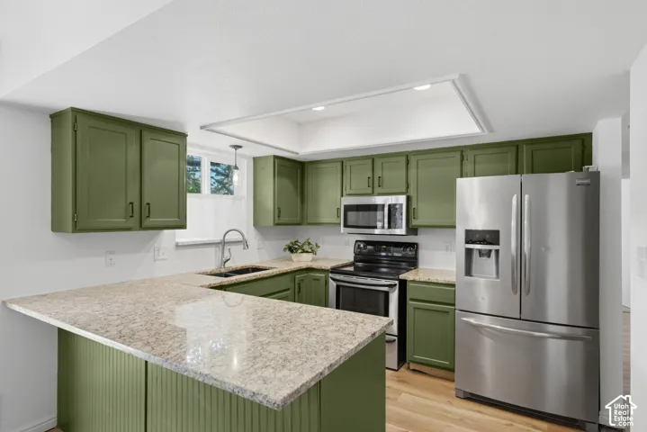 Kitchen featuring green cabinetry, light-toned countertops, stainless steel appliances, and wood-finish flooring