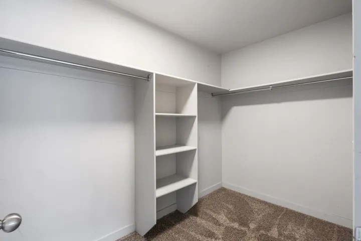 Walk-in closet featuring built-in shelving, dual hanging rods, and neutral carpet flooring
