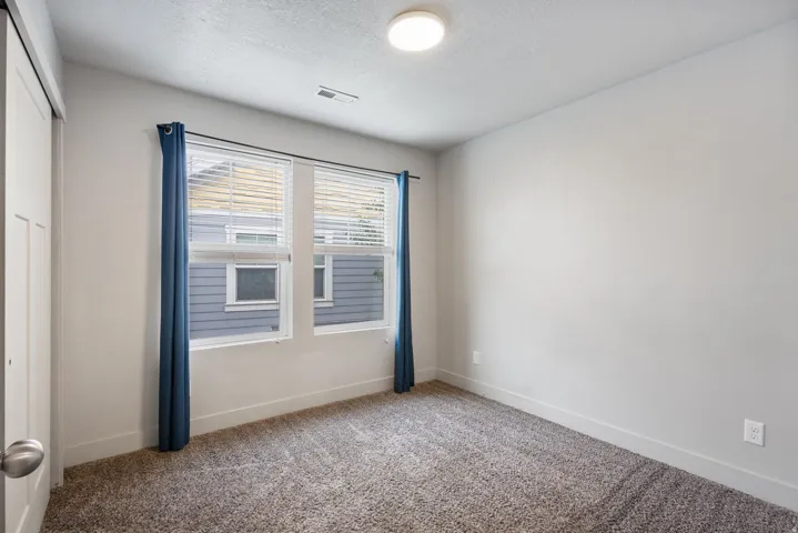 Carpeted room featuring dual windows with blinds, a white flush-mount ceiling light, and a two-panel interior door