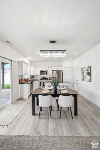Integrated kitchen and dining area featuring wood-finish flooring