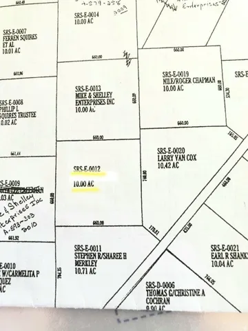 Plat Map. Illustrating property divisions, parcel identification, and acreage for various land sections