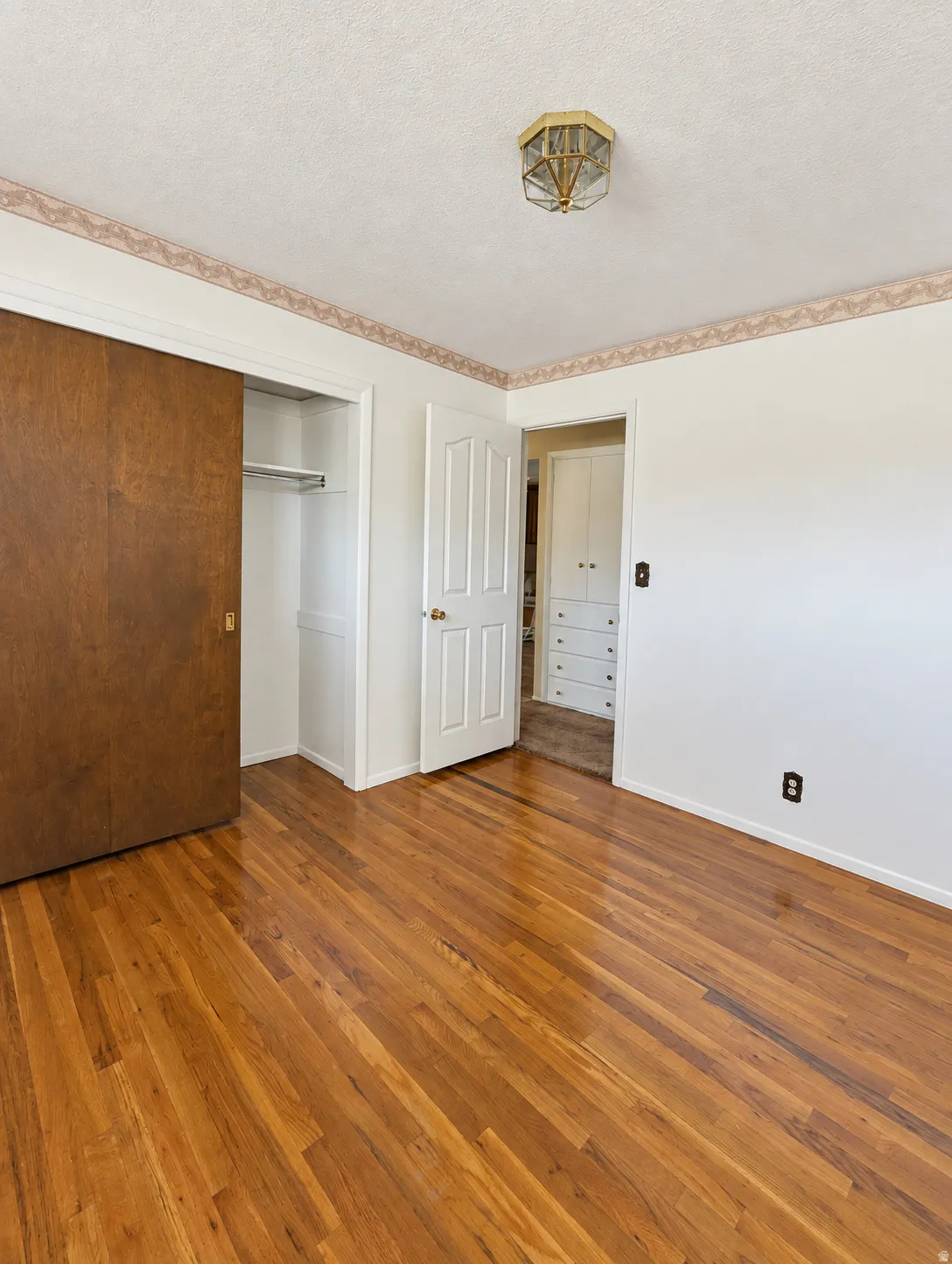 Hardwood flooring, sliding closet door, overhead ceiling light fixture, white interior door, built-in cabinetry