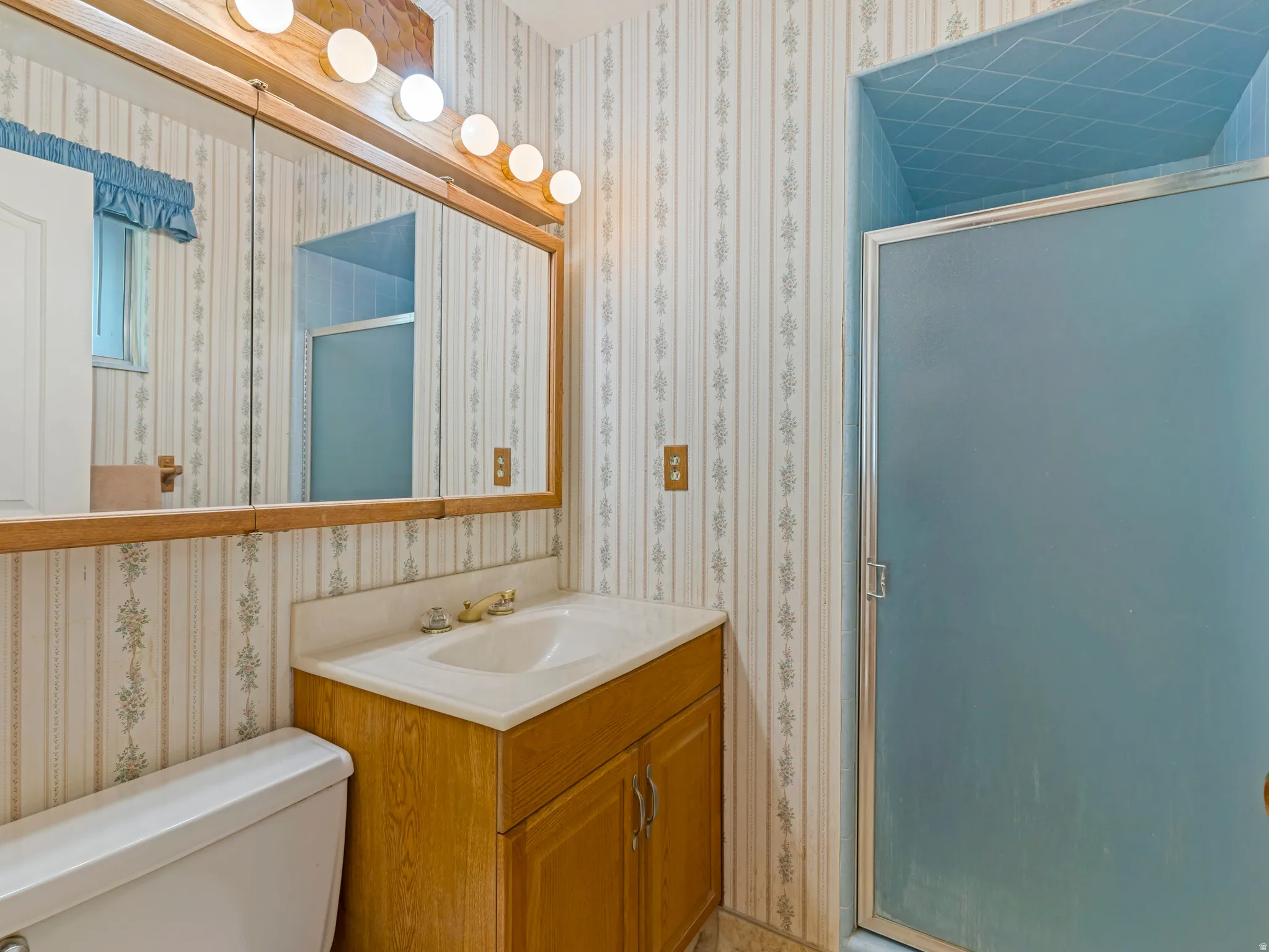 Bathroom featuring a vanity with an integrated sink, a wall-mounted mirror with integrated lighting, a toilet, and a stand-up shower with a frosted glass door