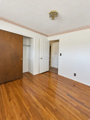 Hardwood flooring, sliding closet door, overhead ceiling light fixture, white interior door, built-in cabinetry