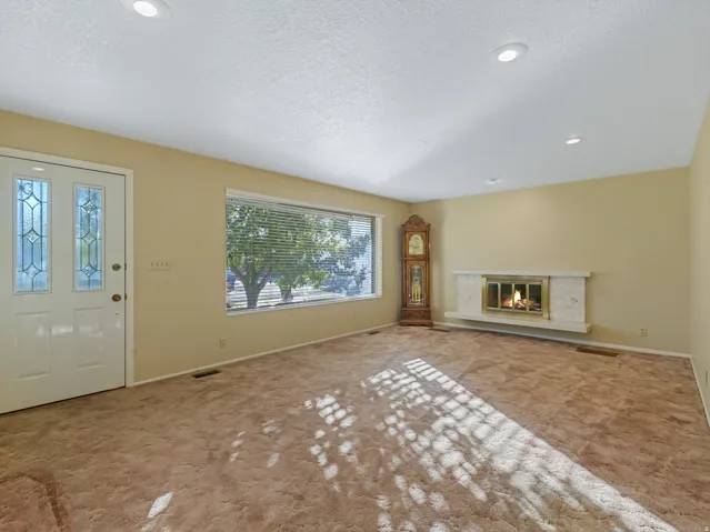 Living area featuring a white entry door with decorative glass inserts, a wide window with horizontal blinds, a fireplace with a light-colored surround, and recessed ceiling lighting
