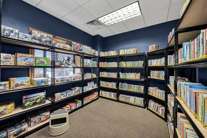 Dedicated room featuring floor-to-ceiling shelving, recessed lighting, dark wall paint, and neutral carpet flooring