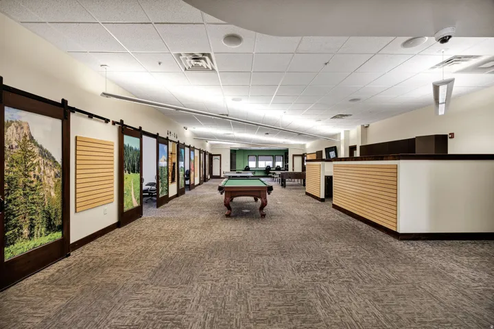 Spacious common area featuring a billiards table, patterned carpet flooring, ceiling-mounted lighting, and a series of wood-framed sliding panels with scenic graphics