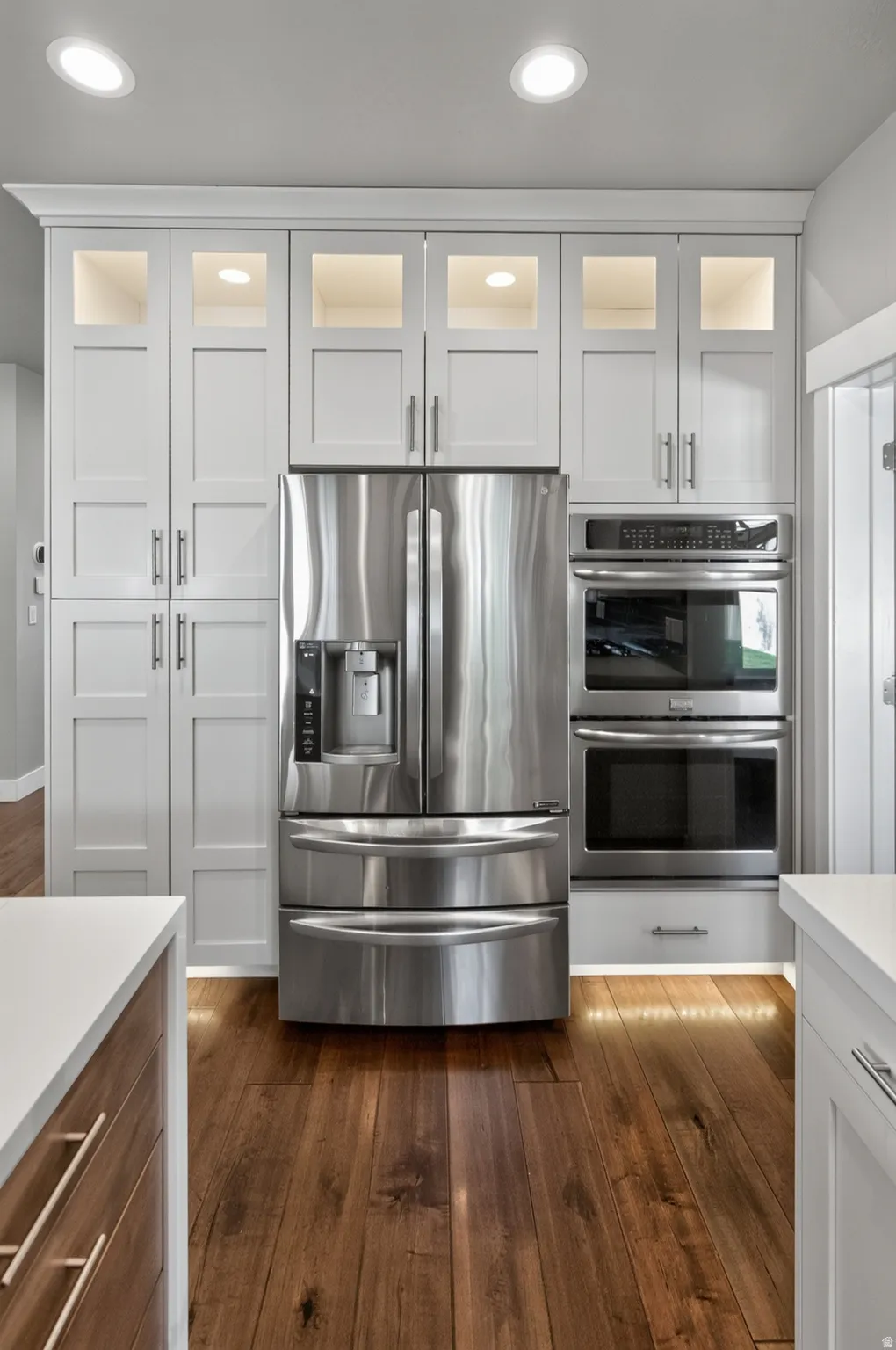 Modern kitchen featuring stainless steel appliances, crisp white cabinetry with glass-front accents, recessed lighting, and rich wood-finish flooring