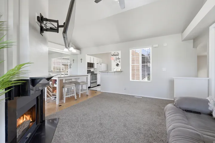 Living area with vaulted ceiling, modern fireplace, and wood-finish flooring