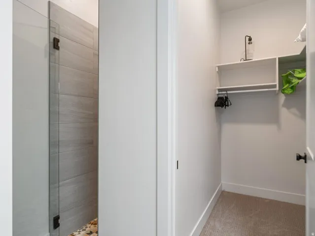 Walk-in closet featuring built-in shelving, hanging rod, and neutral-tone carpet