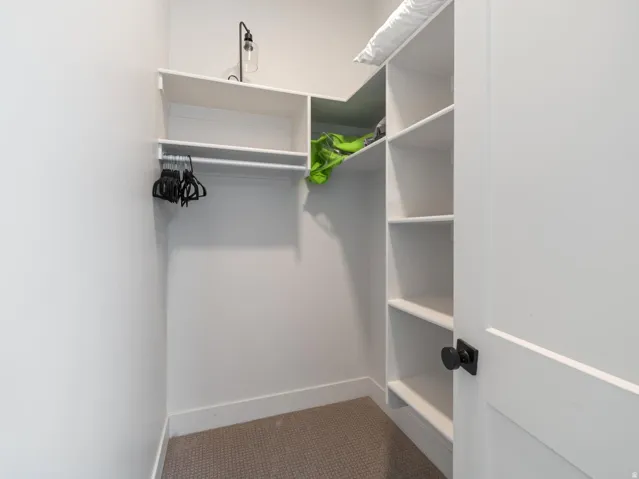 Walk-in closet featuring white built-in shelving, white walls, and a light-colored carpeted floor