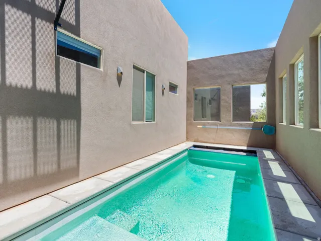 Outdoor swimming pool featuring integrated steps and perimeter coping