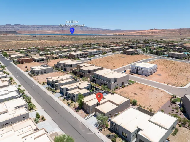 Aerial perspective showcasing a modern residential community with diverse architectural styles