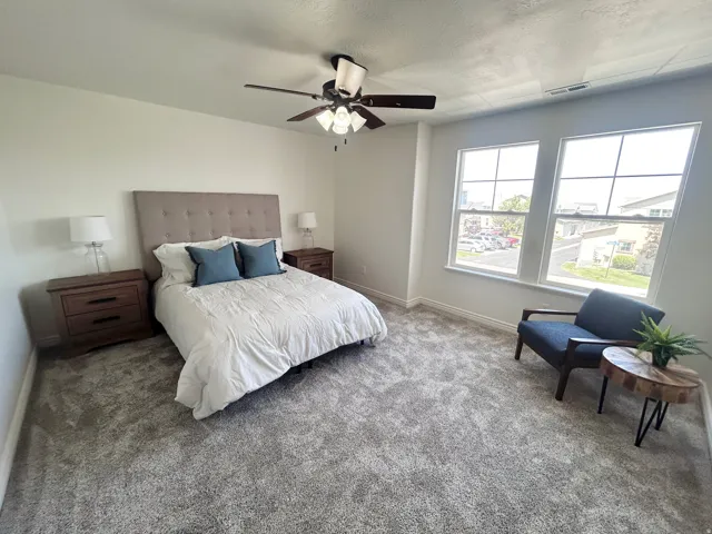Plush gray carpeting throughout, dual large windows, and a ceiling fan with integrated lighting