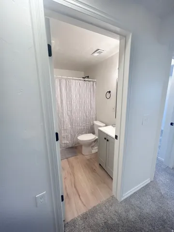 Bathroom featuring wood-finish flooring, a contemporary vanity with a white countertop, and a shower with a shower curtain