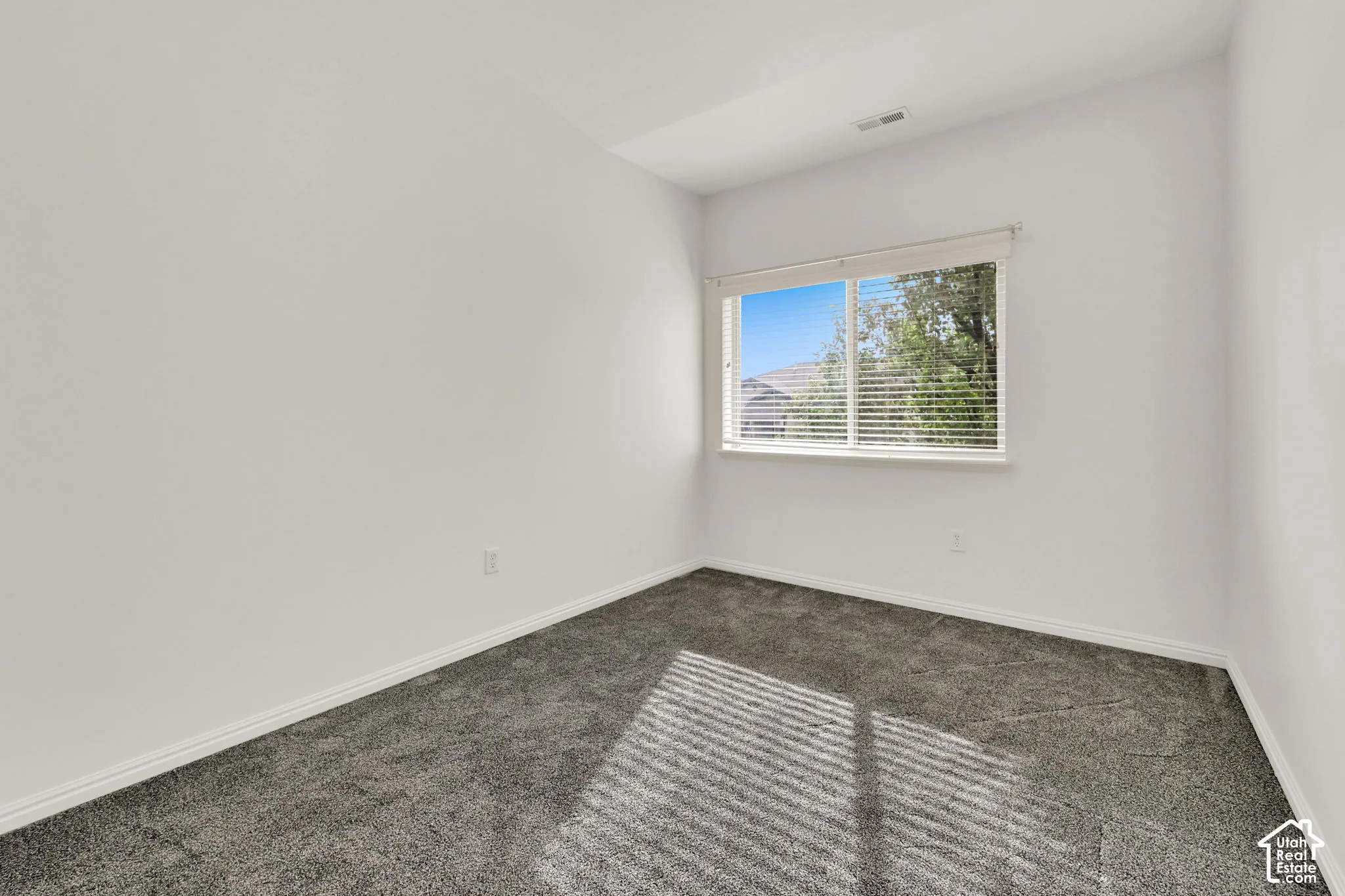 Carpeted room featuring a single window with horizontal blinds