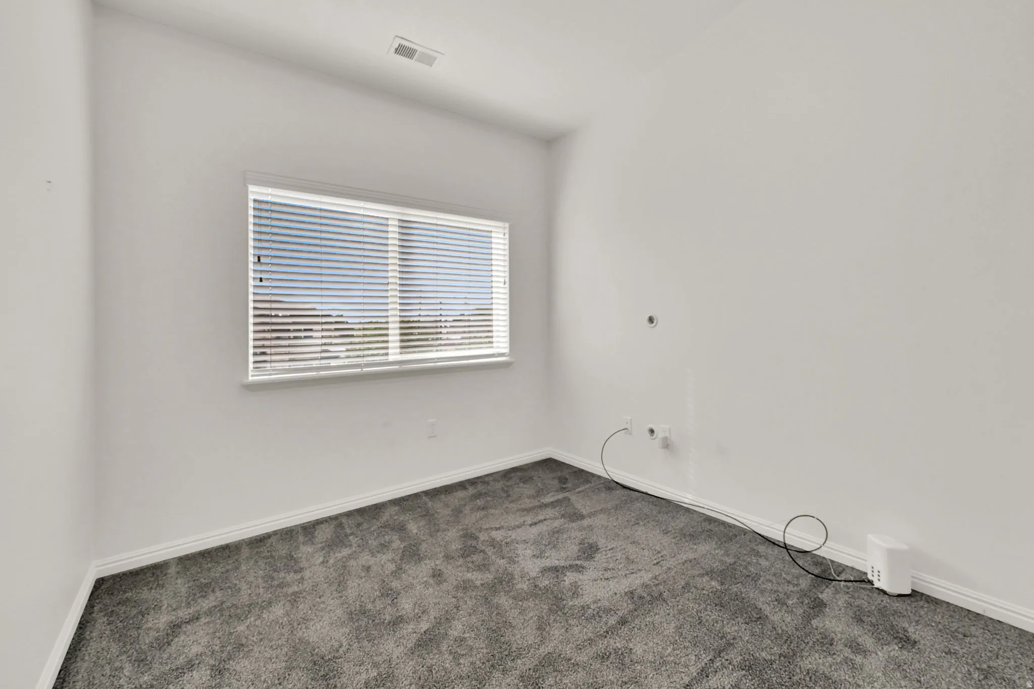 Window with horizontal blinds, neutral wall paint, and gray carpet