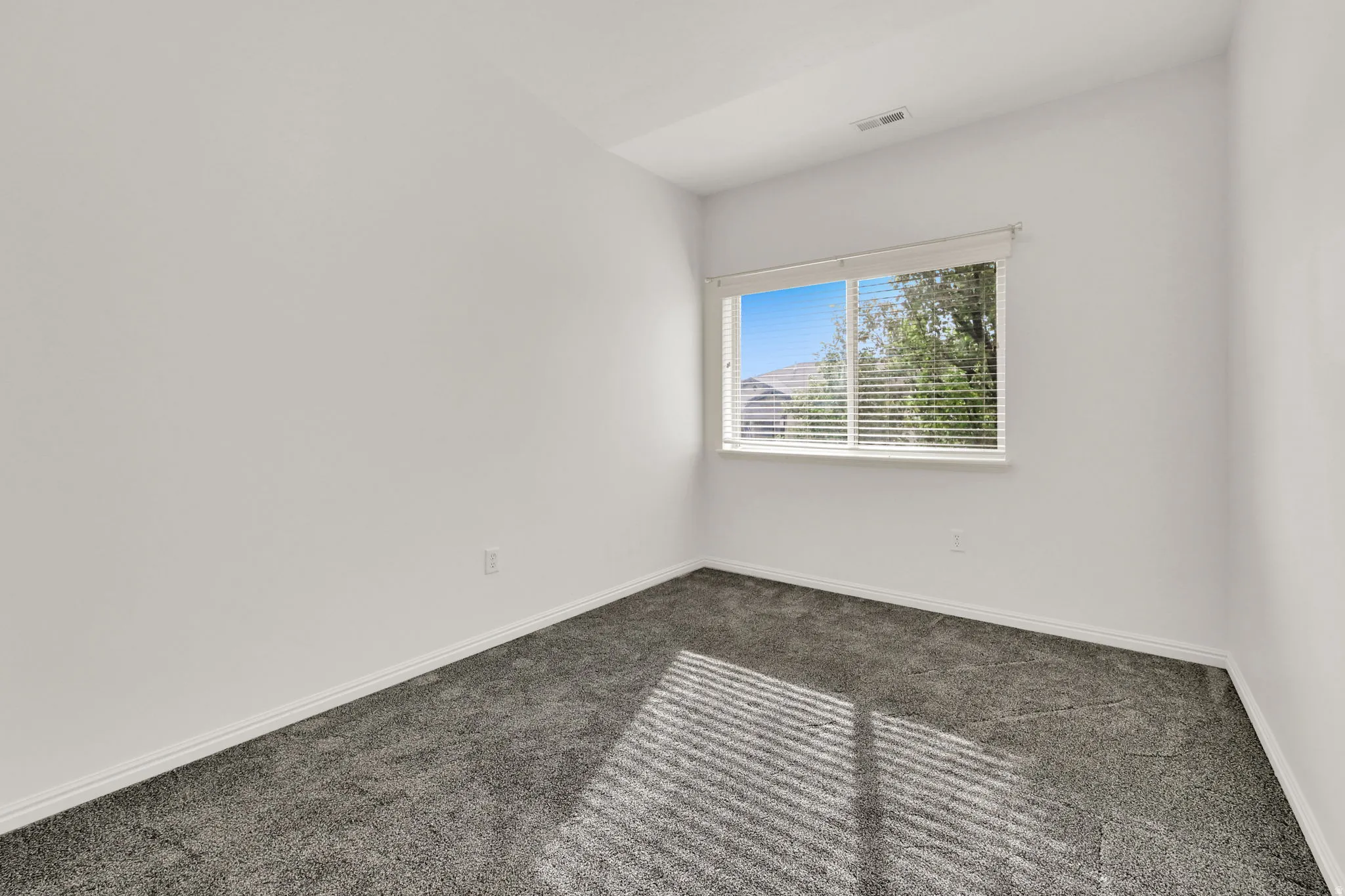 Carpeted room featuring a single window with horizontal blinds