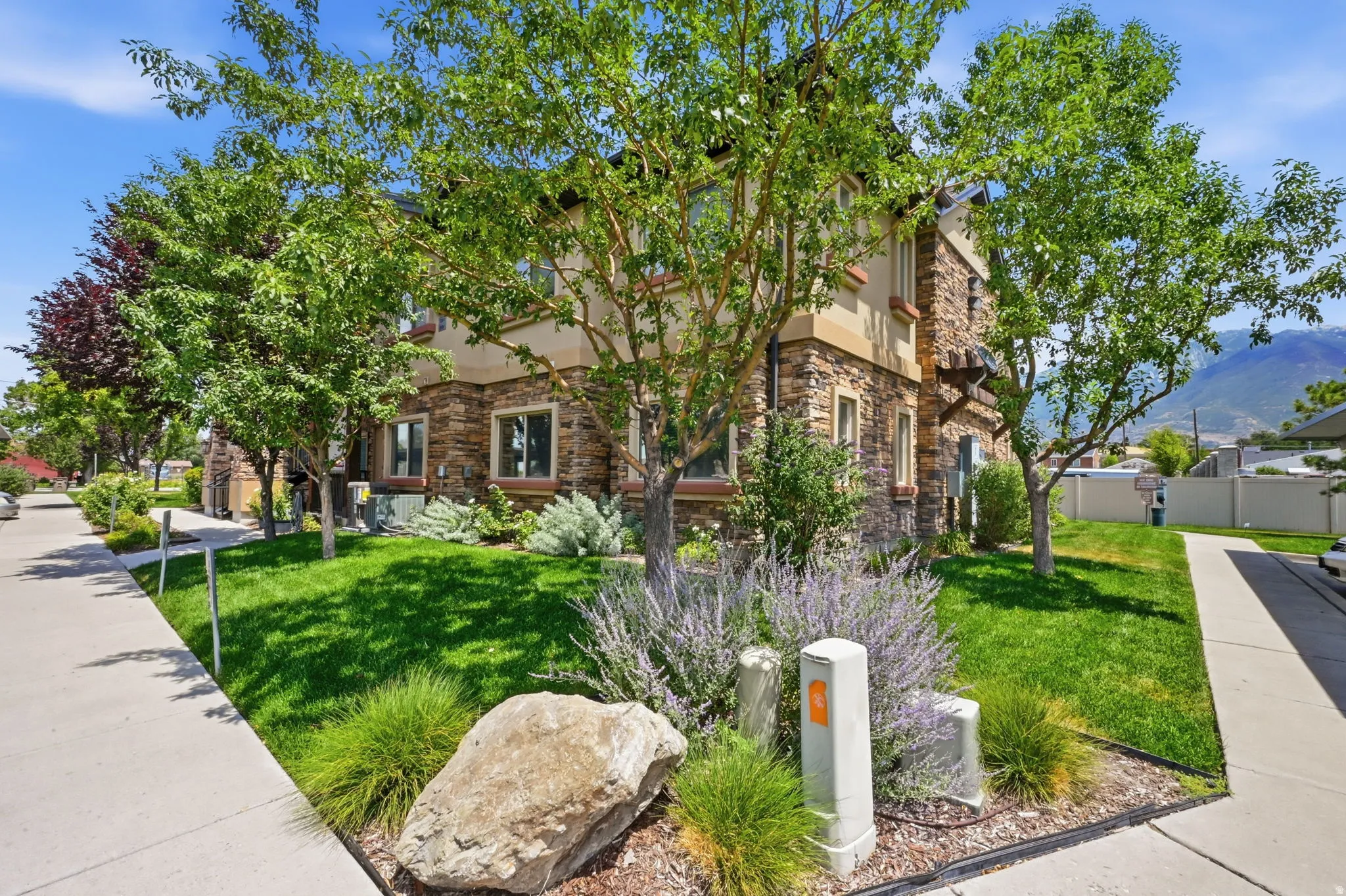 Stone and stucco exterior with multiple windows, mature trees, landscaped front yard, and concrete sidewalks