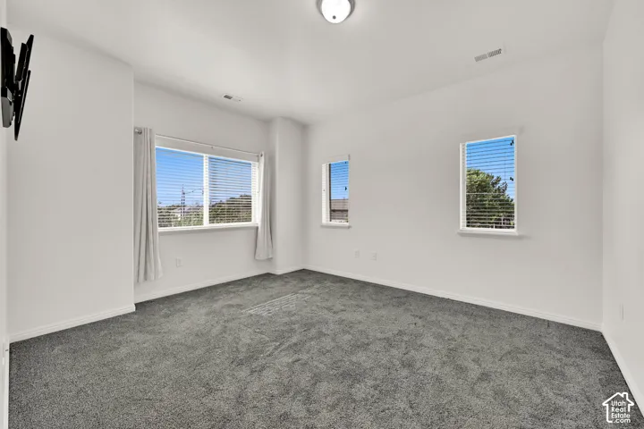 Plush gray carpeting, multiple windows with blinds, and recessed ceiling light fixture