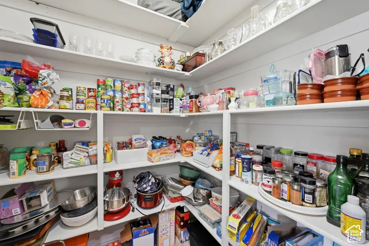 Built-in pantry shelving featuring white painted wood construction