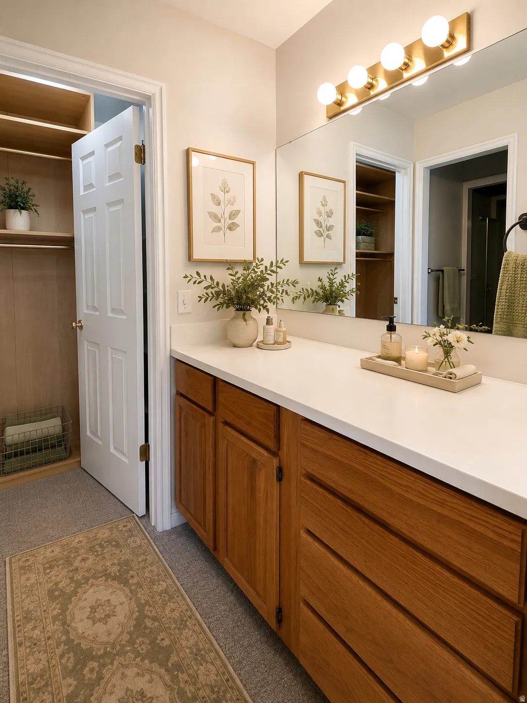 Spacious bathroom featuring a double vanity with wood cabinetry, a large mirror, and a five-light gold-finish fixture